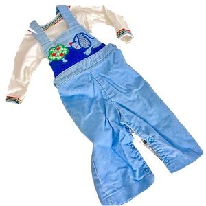 Children’s Baby Vintage 70s Carters Blue Corduroy Dog Overall Top Set